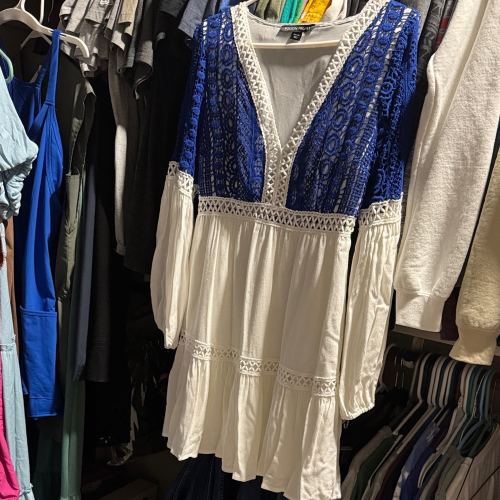 Boston Proper Royal Blue and Cream Lace Tunic